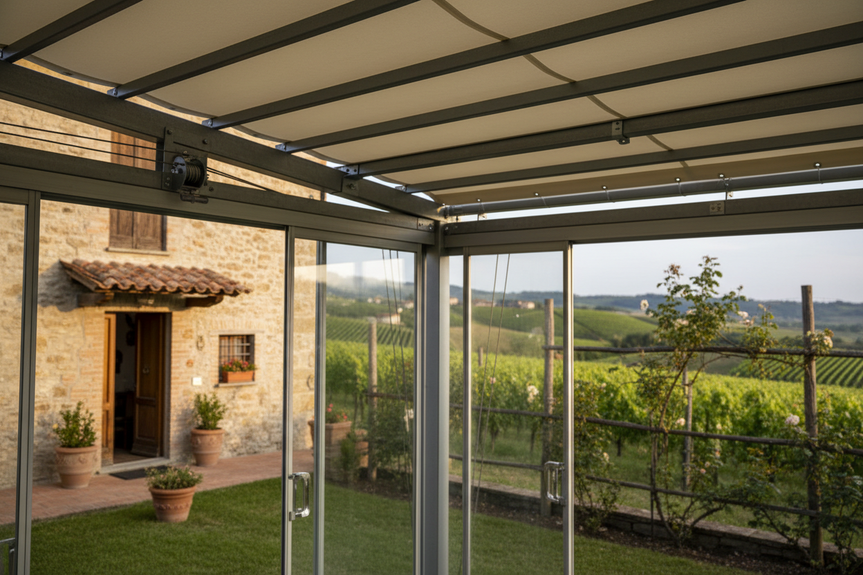 Dettaglio pergola retrattile Langhe