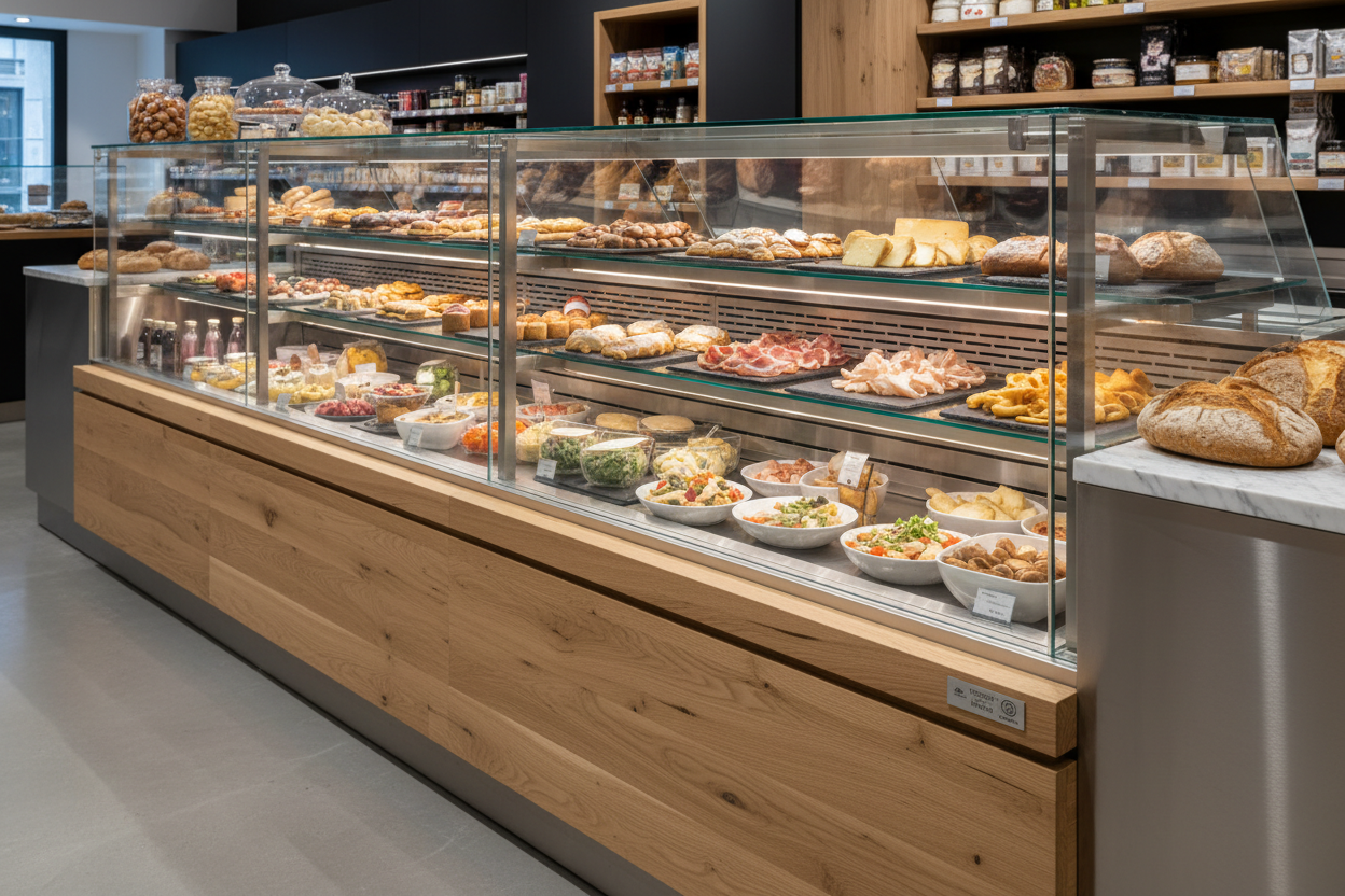 Vitrines de comptoir en verre synthétique conformes aux normes HACCP - Fabriquées sur mesure pour les boucheries, boulangeries et pâtisseries