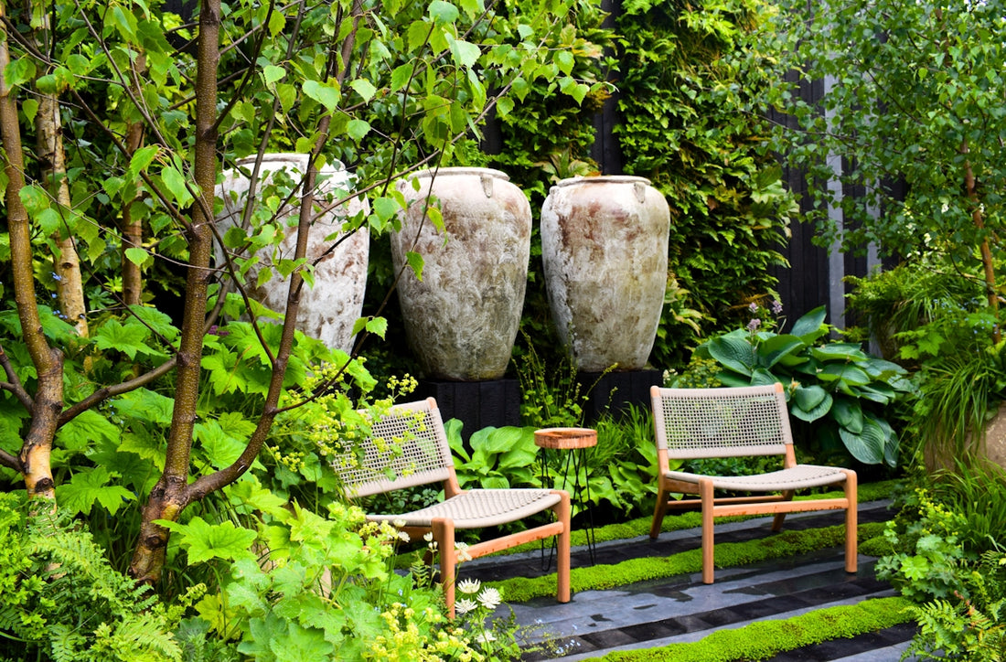 Two chairs sit in a lush, green garden.