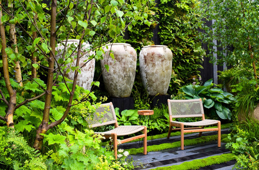 Two chairs sit in a lush, green garden.