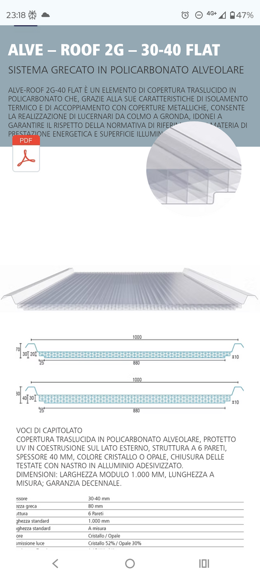 Lastra Policarbonato Grecata ALVE ROOF 2G 30-40 FLAT - Lucernari Pensiline Tettoie