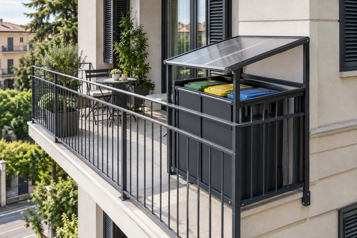 Rendering illustrativo di pensilina Netturbina accanto a un balcone al primo piano, con bidoni protetti
