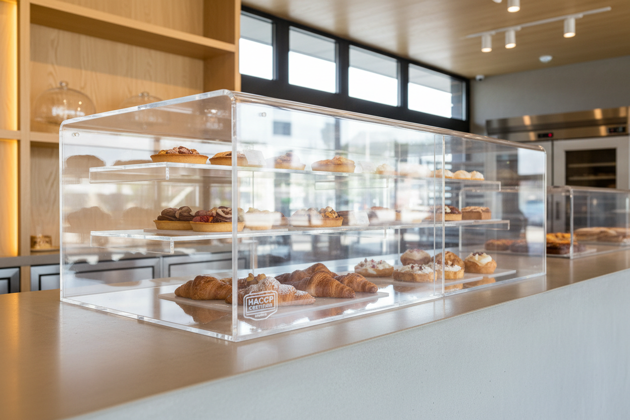 Vitrines en plexiglas conformes aux normes HACCP pour produits alimentaires - Présentoirs pour boulangeries, pâtisseries et boucheries