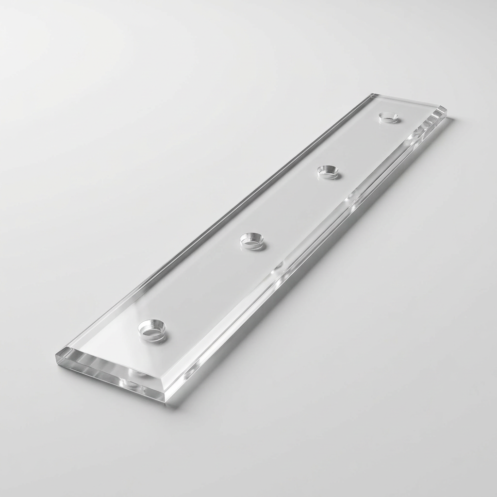 Rendering illustrativo di una striscia battisedia trasparente in plexiglass con fori