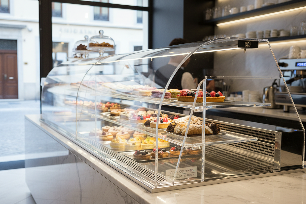 Vitrines en plexiglas conformes aux normes HACCP pour produits alimentaires - Présentoirs pour boulangeries, pâtisseries et boucheries