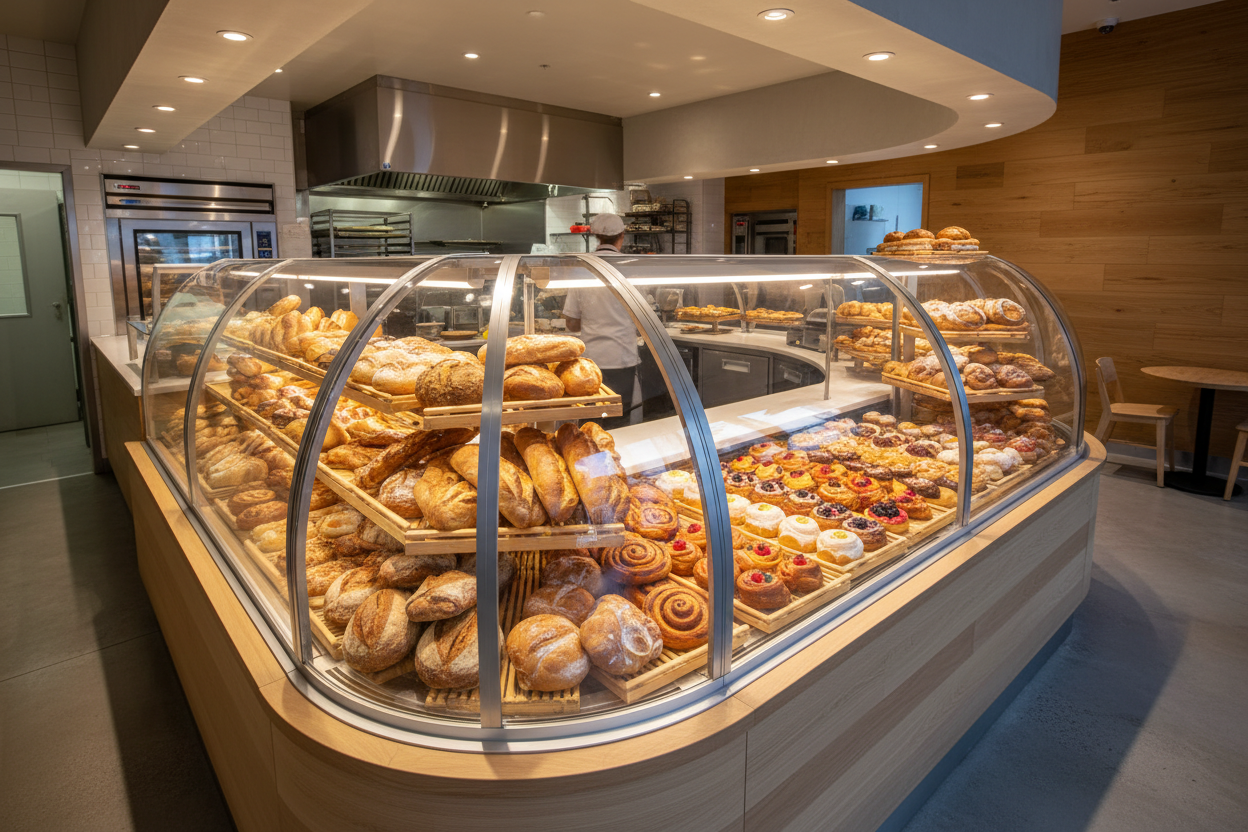 Vitrines de comptoir en verre synthétique conformes aux normes HACCP - Fabriquées sur mesure pour les boucheries, boulangeries et pâtisseries