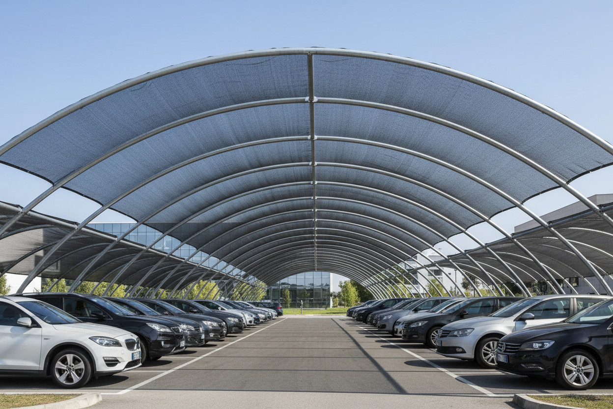 Abris de stationnement anti-grêle - Structure arquée avec filet de protection