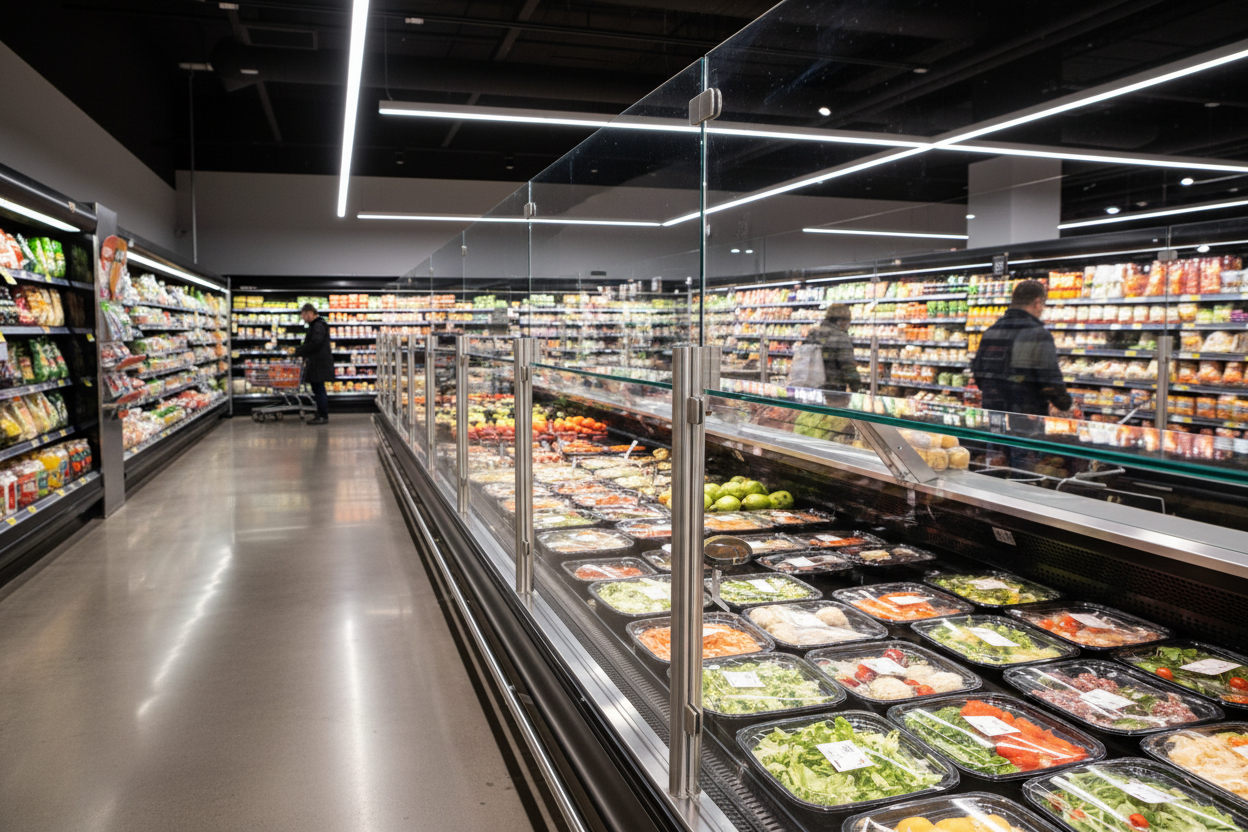 Vitrines de comptoir en verre synthétique conformes aux normes HACCP - Fabriquées sur mesure pour les boucheries, boulangeries et pâtisseries