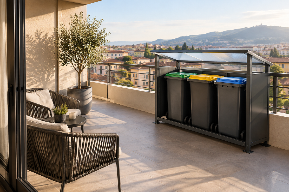 Rendering illustrativo della pensilina Netturbina con bidoni, vista da un balcone arredato