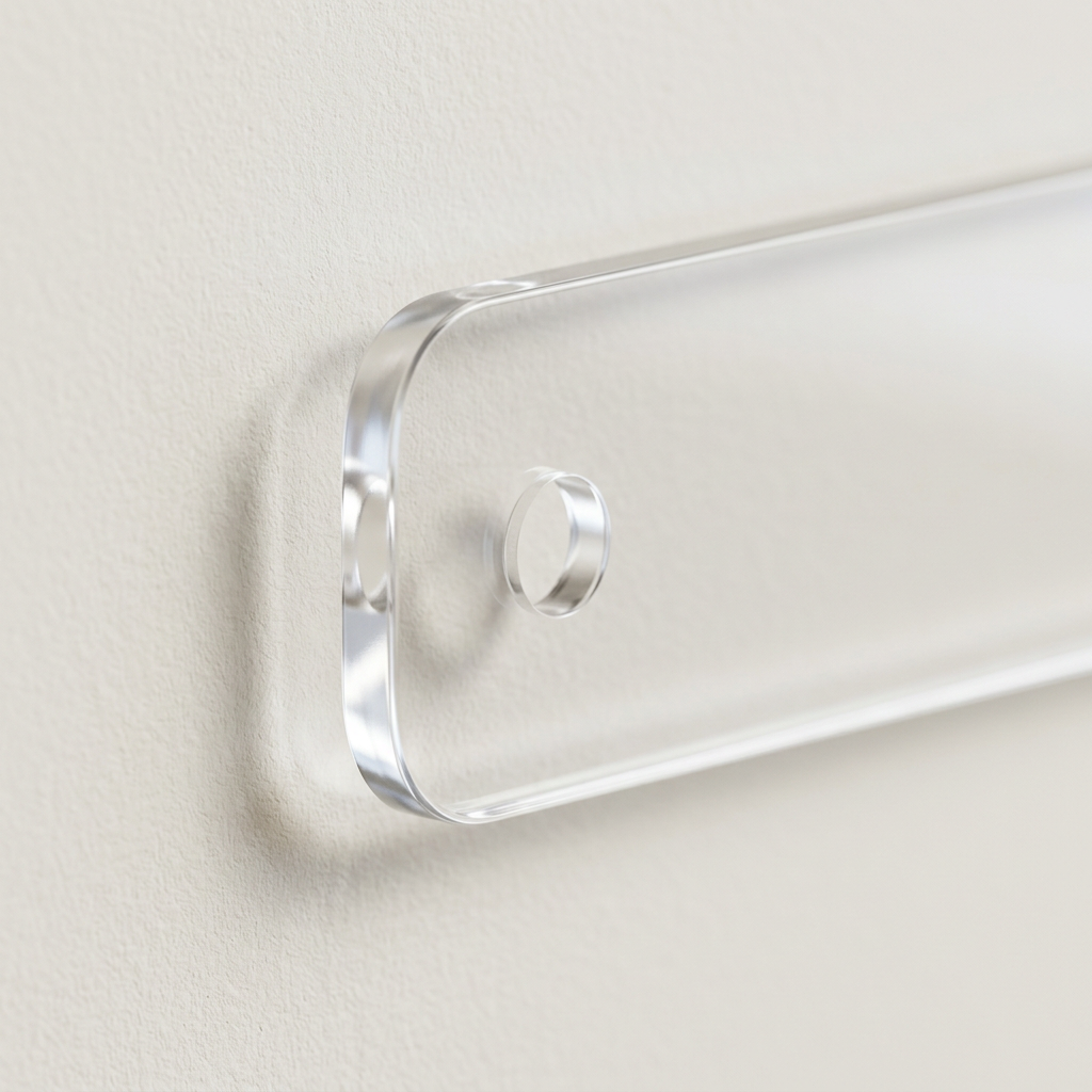 Rendering illustrativo del bordo e del foro di una striscia battisedia in plexiglass