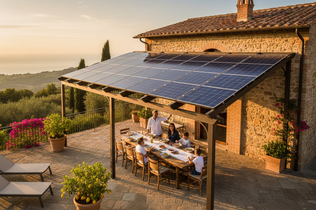 Pergola Fotovoltaica con Pannelli Solari Integrati - Produzione Energia e Ombra