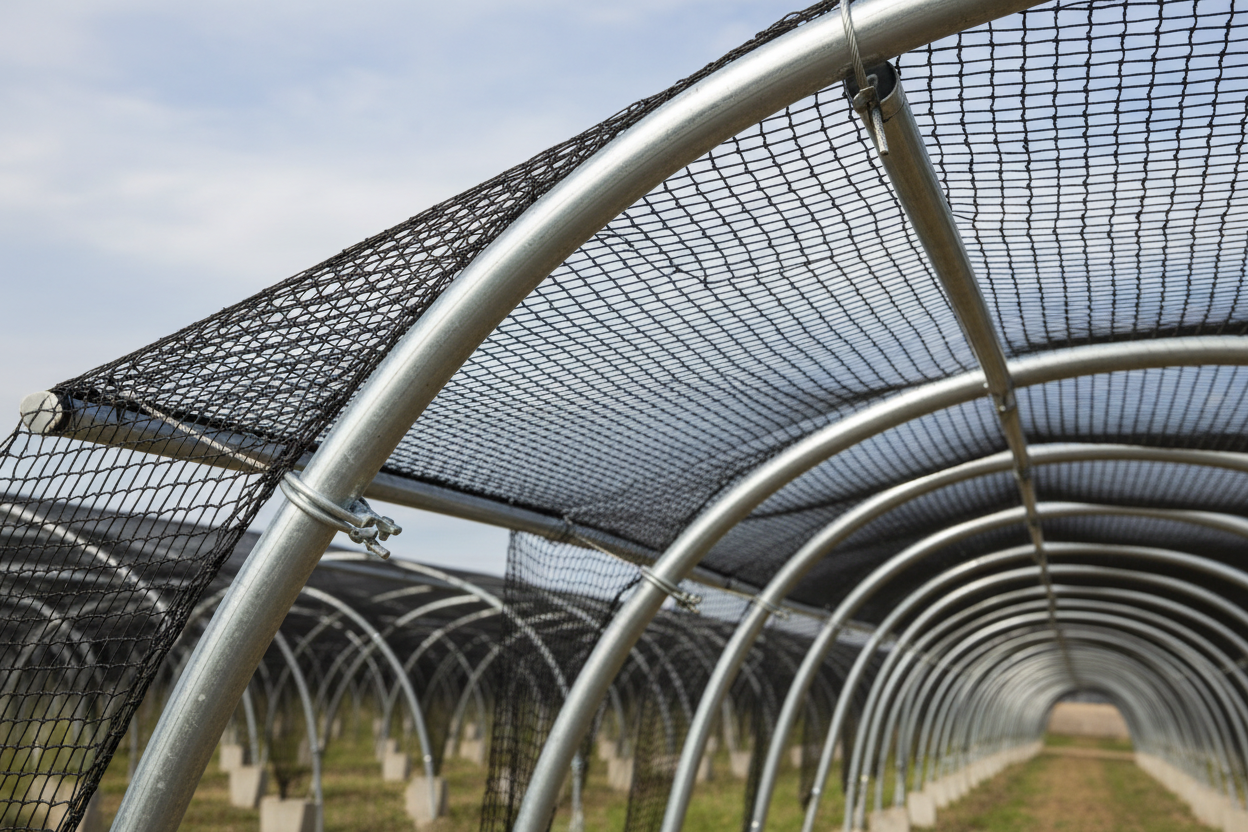 Abris de stationnement anti-grêle - Structure arquée avec filet de protection